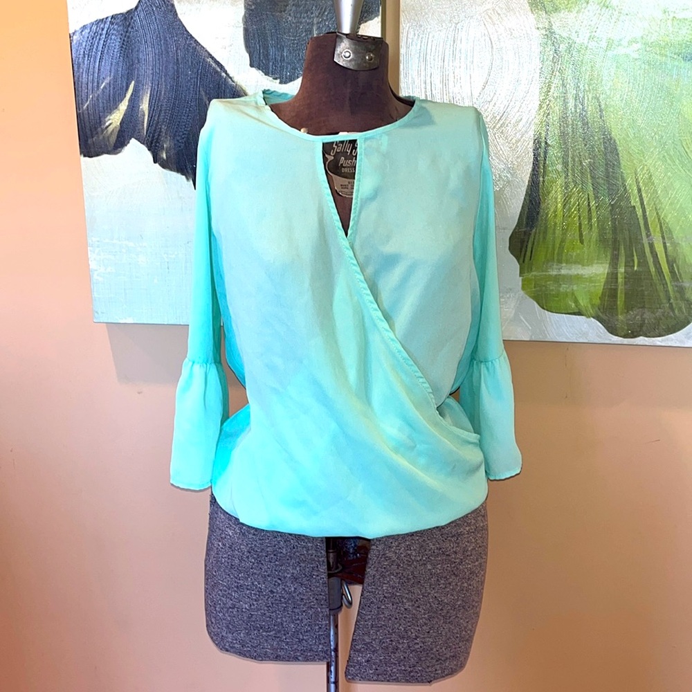 Everly SeaFoam mint aqua green blouse szS beautiful top faux wrap style shirt